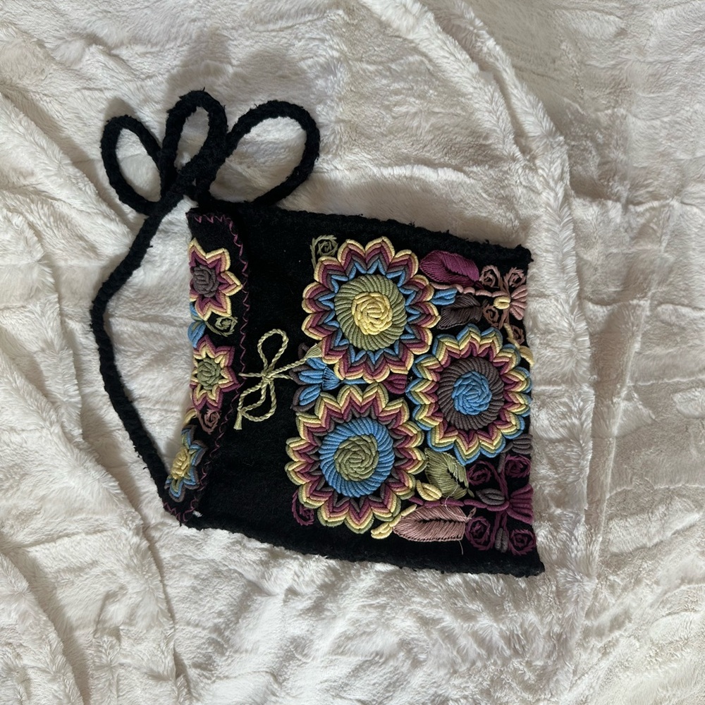 Embroidered Floral Black Crossbody Bag